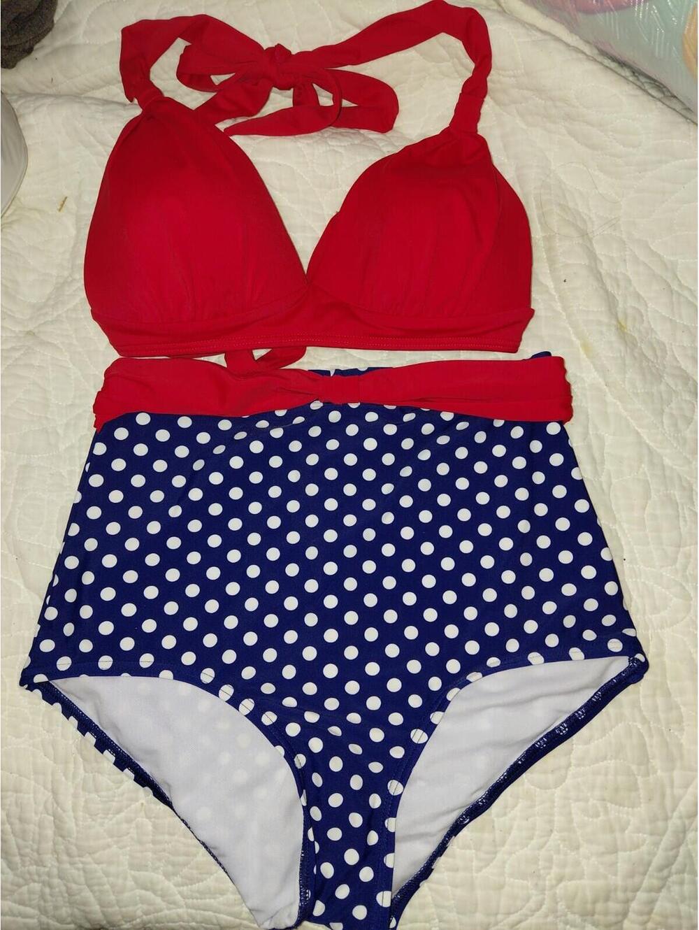 Blue white and red polka dot bikini size small Vacation summer beach